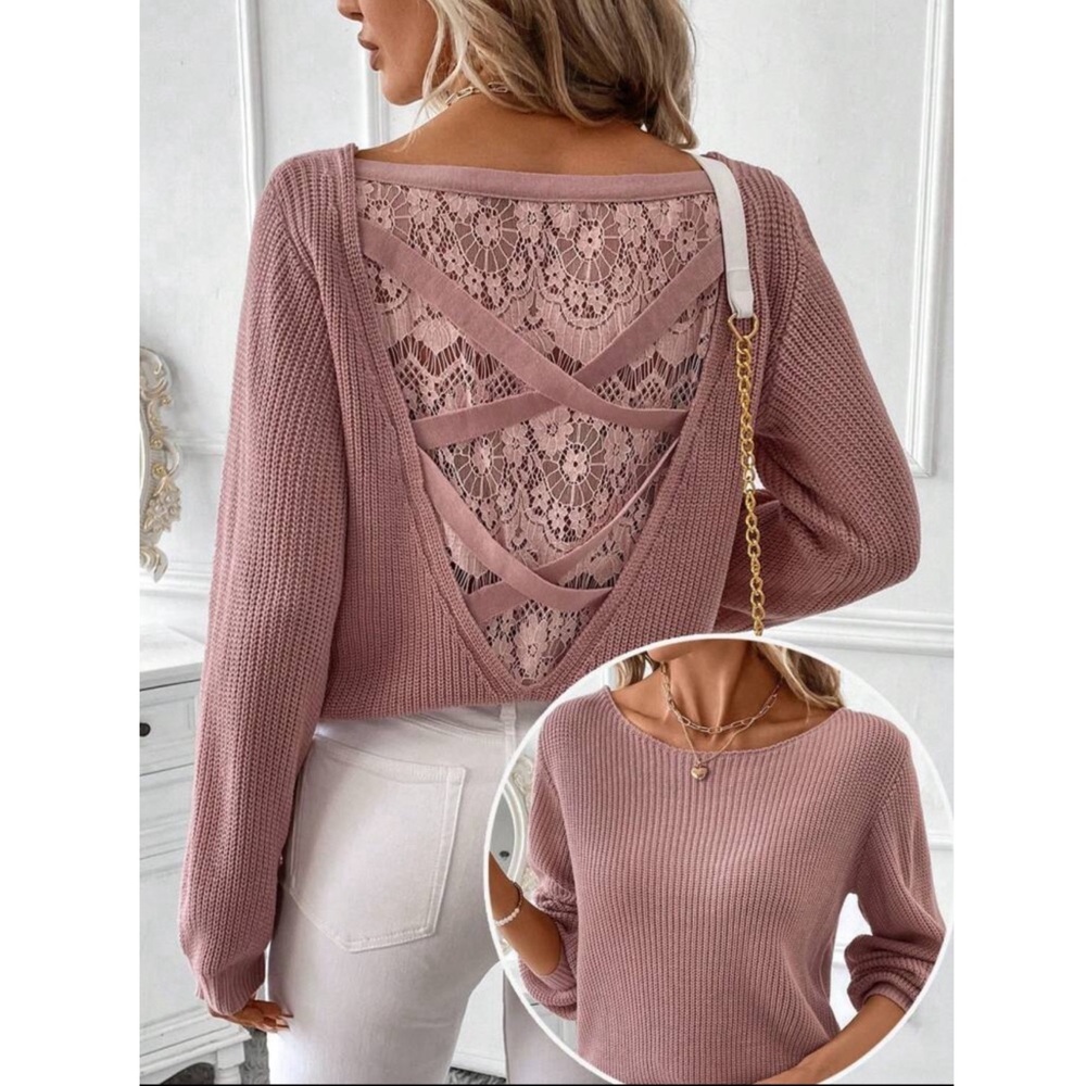 Elegant Back Lace Round Neck Sweater